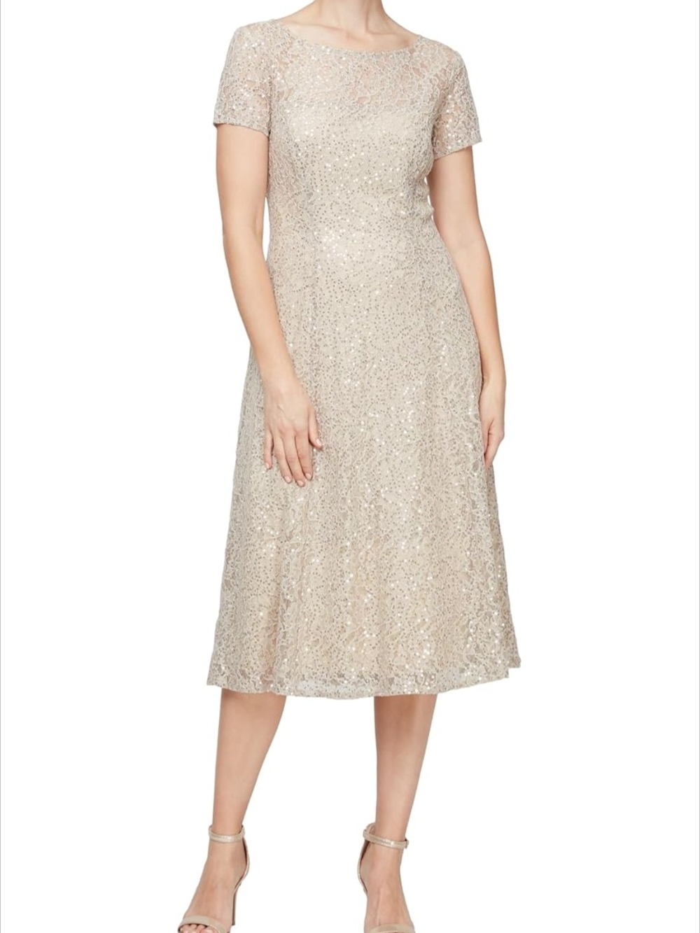S.L. Fashions Champagne Sequin Lace Short-Sleeve Midi Dress